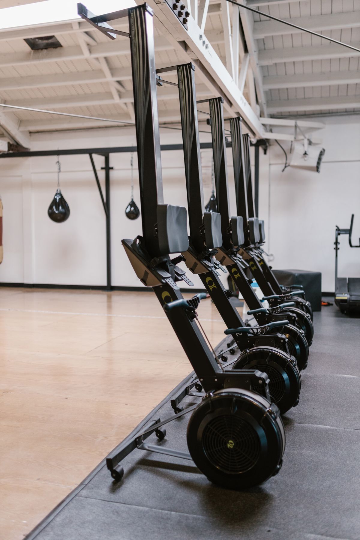 Row of rowing machines in a bright, spacious gym